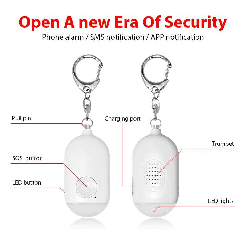 A white keychain security alarm shown from front and back on a light gray background, with red callout lines labeling the pull pin, SOS button, LED button, charging port, trumpet, and LED lights. Large text at the top reads 'Open A new Era Of Security' and lists phone alarm, SMS notification, and APP notification.