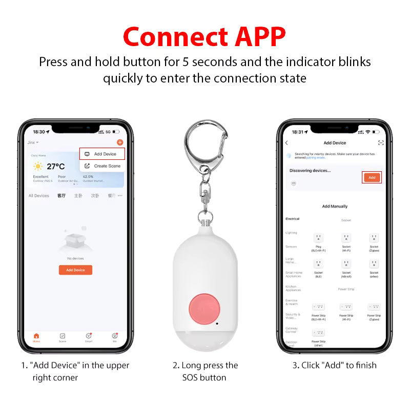 A white personal safety keychain with a pink SOS button and silver key ring, shown between two smartphone app screens on a light gray background. Red headline text at the top reads 'Connect APP' with step-by-step instructions below the phones.