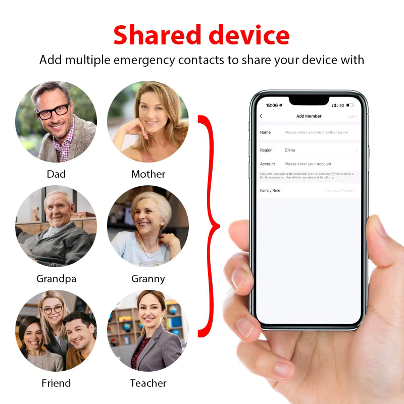 Smartphone app interface for adding emergency contacts with profile pictures displayed.