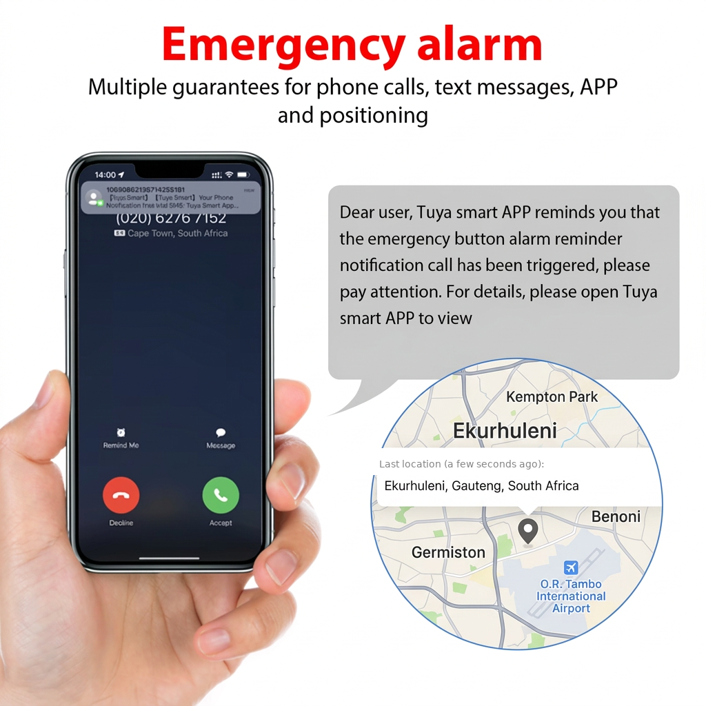 A hand holding a smartphone showing the Tuya smart app emergency alarm feature, with text explaining multiple call, text message, app, and positioning guarantees, plus a map bubble indicating Ekurhuleni location details.