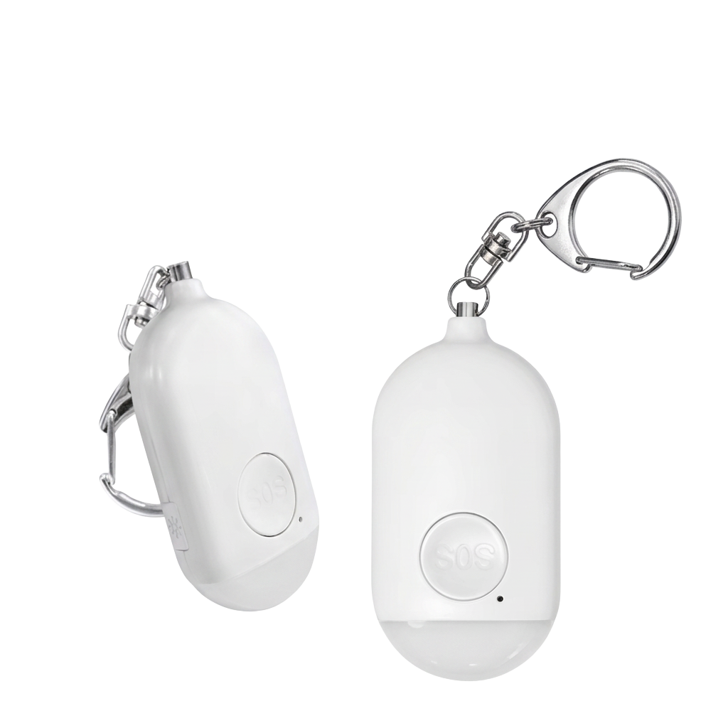 Two white personal safety alarm keychains shown on a plain white background, one upright and one angled to show the side and clasp.